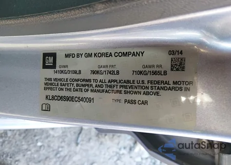 2014 Chevrolet Spark 1Lt Auto z USA, uszkodzony, nr VIN KL8CD6S90EC540091